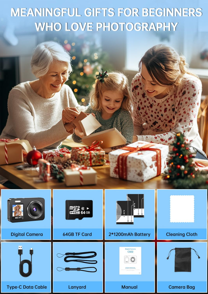 Digital Camera, 4K 64MP UHD Dual Screens Camera, 18X Zoom, Portable Small Point and Shoot Digital Cameras with 64GB TF Card, 2 Rechargeable Batteries for Kids, Teens, Adult, Selfies, Gifts- Black