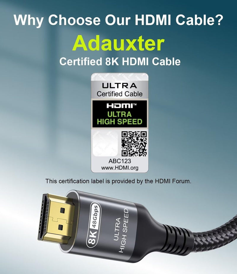 Certified 10K 8K HDMI 2.1 Cable 25 FT, 48Gbps Ultra High Speed HDMI® Cord Ethernet CEC 4K 240Hz 165Hz 144Hz 120Hz 8K 60Hz eARC Netflix HDCP2.3 HDR10+ PC Laptop RTX5090 TV Monitor Projector X-box PS5