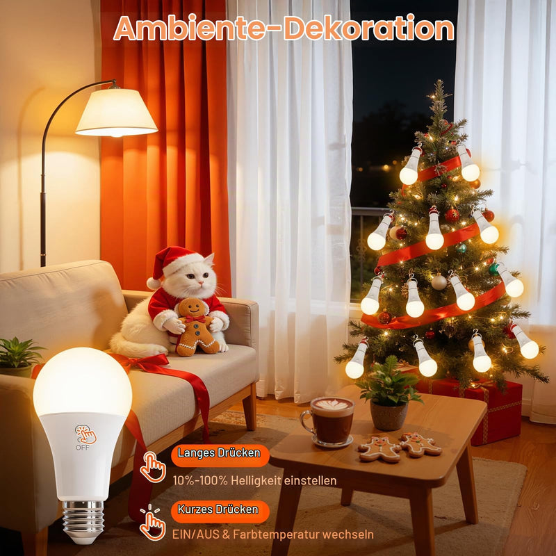 Ketom Pack of 4 Light Bulbs with Remote Control, E27, Rechargeable Bulb, Dimmable | Rechargeable light bulb with timer function, 3 colors, button control, 7W Wireless Decorative Lamp Bulb Emergency Light Camping 3 Colors, 4 Pieces