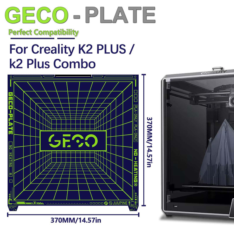 Upgraded K2 Plus Build Plate Geco Plate 370x370mm PLA Cold Printing Super Sticky No Heating Energy Saving Room Temperature Printing Spring Steel Heated Bed for Creality k2 Plus 3D Printer. 370x370mm(for Creality k2 Plus)