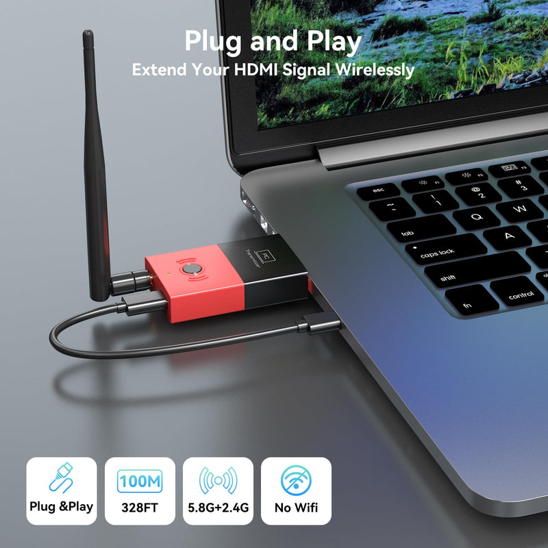 Wireless HDMI Transmitter and Receiver Plug & Play 2.4G+5.8G Wireless HDMI Extender 328FT/100M Support 4K Decode 1080P@60Hz for PC Laptop Camera Cable Box to TVs Monitors Projectors