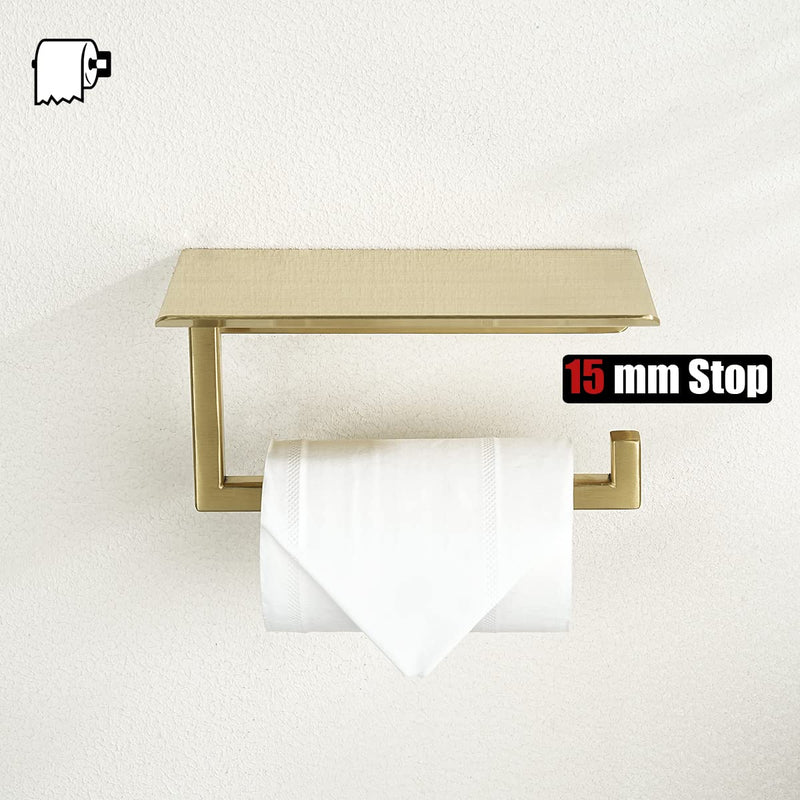 JQK Toilet Paper Holder Shelf, Bathroom Tissue Roll Holder with Phone Shelf, 5 Inch 304 Stainless Steel Tissue Paper Dispenser, Brushed Gold Finished Wall Mount, TPH202-BG