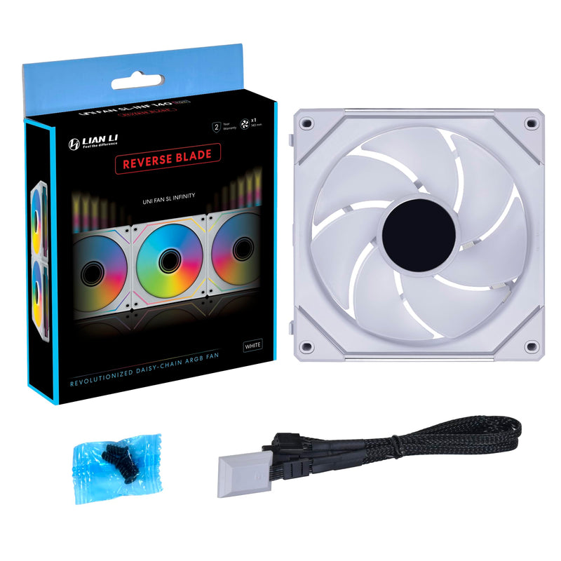 Lian Li UNI Fan SL-Infinity 140 Reverse Blade-Single Pack-ARGB Fan-Daisy-Chain Design-Infinity Mirror-Customizable Lighting Effects-Without Controller-White-(14RSLIN1W) SLIN140-R Reverse Single Pack White