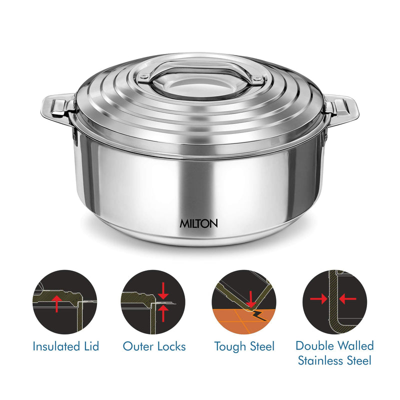 Milton Galaxia 1500 Casserole for hot food, insulated stainless steel hot pot with lid, 50 oz (2000 ml) 1.58 qt, Serving box (bowl, dish) for food and roti Food Warmer Cooler, Silver 2.2 qt / 9 Cups