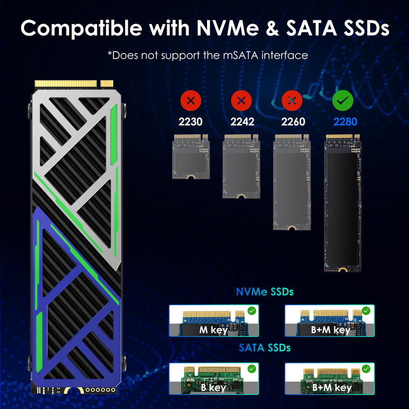 WAVLINK NVMe Heatsink 880X, M.2 Heatsink supporting 2280 NVMe/SATA SSDs for PC/PS5/mATX/Mini-ATX, High-Performance SSD Cooler with Dual Thermal Silicone Pads, 3mm Adjustable Height, Aluminum Alloy