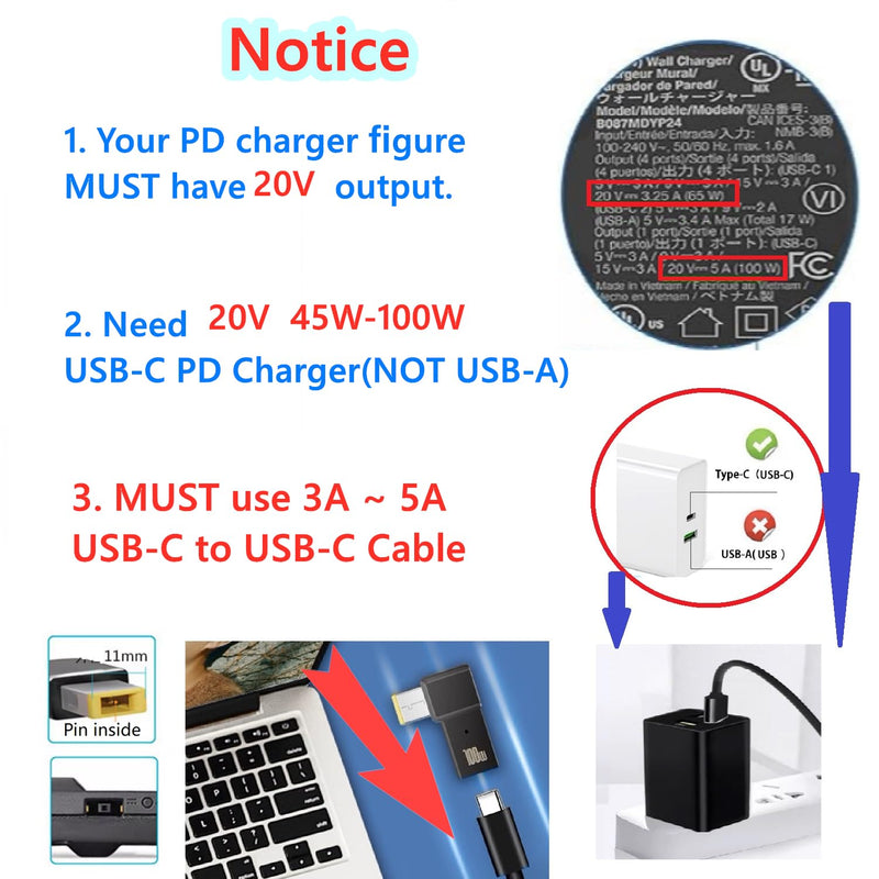 USB C Female Input to Slim Tip Rectangle Power PD Charge Converter for Thinkpad Series E440 E450 E550 E560 T430 T440 T440S X250 L460,for Lenovo Yoga Series (2) 2