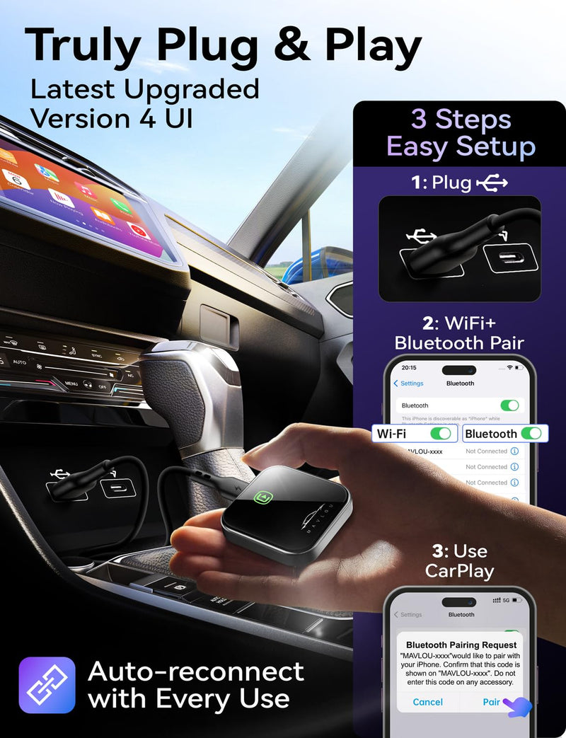 Carplay Wireless Adapter for Apple, 2024 Upgrade Stable Fast Connection for Converts Wired to Wireless carplay Dongle, Wireless Control Plug & Play Carplay for Cars from 2017+ & for iPhone iOS 10+ cosmic gray