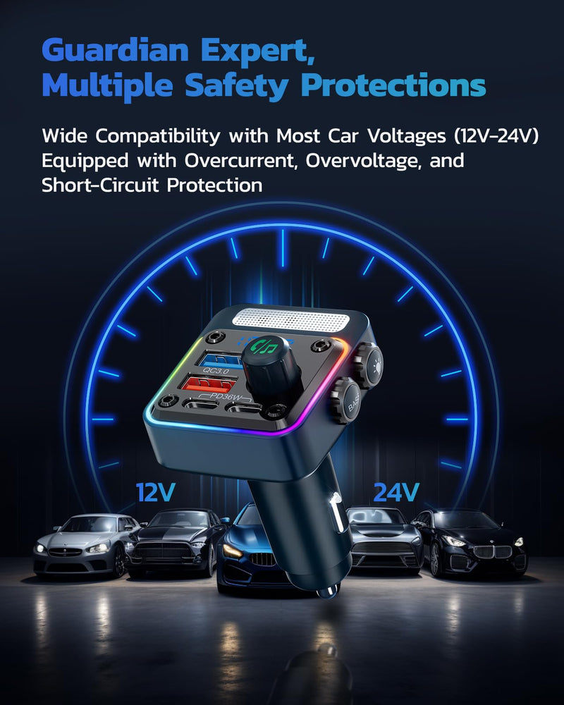Nulaxy 54W Bluetooth 5.3 Car Adapter with 4 Charging Ports [PD 36W & QC3.0 18W], Wireless Radio FM Transmitter with Deep Bass Player & 5 Colors LED Backlit, Hands-Free Calling - NX16 Blue D-Blue