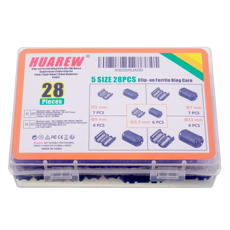 5 Values 28 Pieces Black Clip-on Ferrite Ring Core RFI EMI Noise Reducer Cable Clip for 3.5 mm 5 mm 7 mm 9 mm 13 mm Diameter Cable 28p