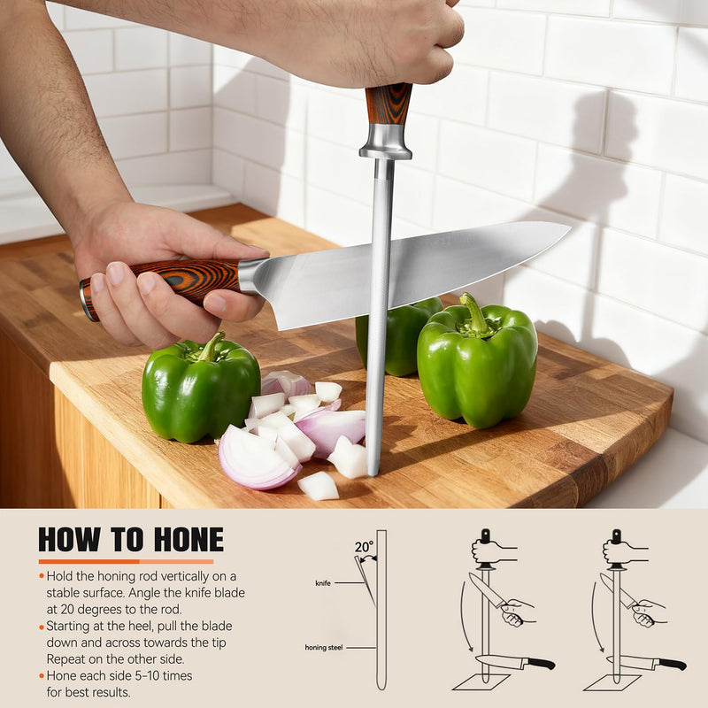 TUO Honing Steel, Sharpener Rod with Thicker Steel Core for Kitchen Knives Daily Sharpening Maintenance, High Carbon Steel, Ergonomic Handle, 8 inch 8"