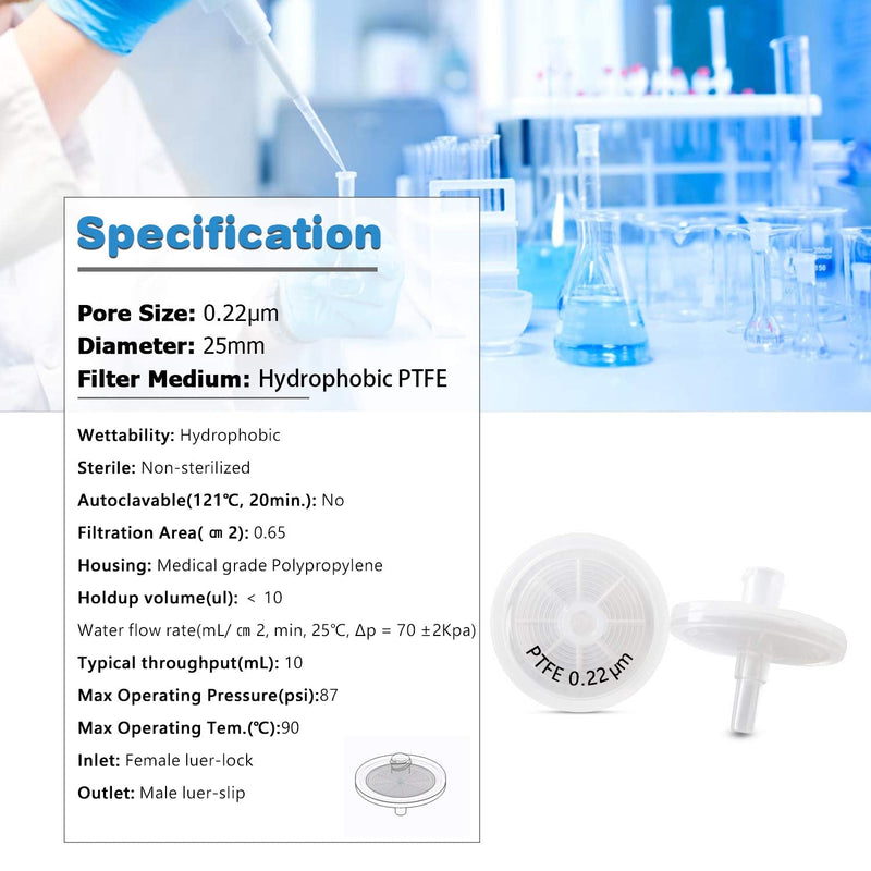 Hydrophobic PTFE Syringe Filter 25mm Pack of 100 PTFE-25mm-0.22μm PTFE-25mm-0.22μm