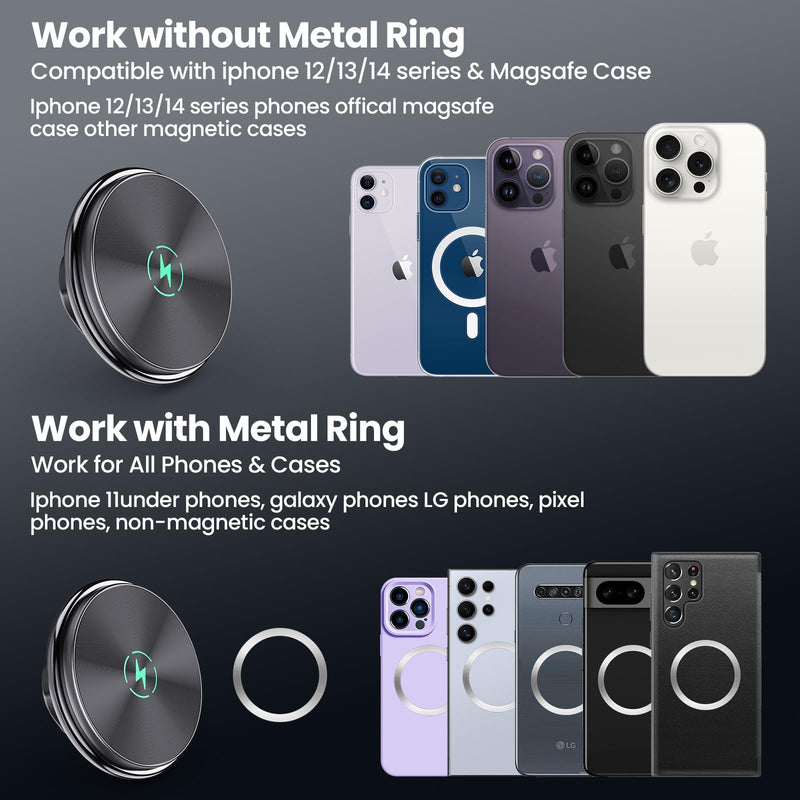 Kaishengyuan Dash Mount Wireless Charger Magnetic Holder with Metal Double Socket Arm & 360° Rotating Extension Mounting Arm & 0.98” Ballhead Compatible with All Smartphones