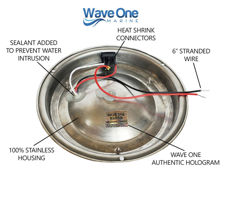 Wave One Marine Dual Color 7" LED Boat Dome Light 12V RV | Stainless Housing | Ceiling Cabin Room Surface Mount | Built In Rocker Toggle Switch (White | Cool Blue) White | Cool Blue