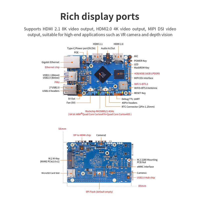 Orange Pi 5 Pro 4GB LPDDR5 8 Core 64 Bit RK3588S Single Board Computer, 8K Video Decoding 2.4GHz Frequency WiFi Bluetooth Open Source Board Run Orange Pi OS, Android, Debian, Ubuntu