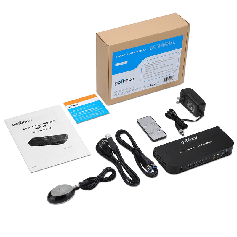 gofanco 2 Port 4K 60HZ DisplayPort KVM Switch with USB 3.0 – DisplayPort 1.4, 4K @60Hz 4:4:4, HDR, HDCP 2.2/1.4, USB Keyboard/Mouse, USB 3.0 Hub, MIC in, Stereo Out, IR Remote, Hotkeys (KVMDP-2P) 2 Port DisplayPort