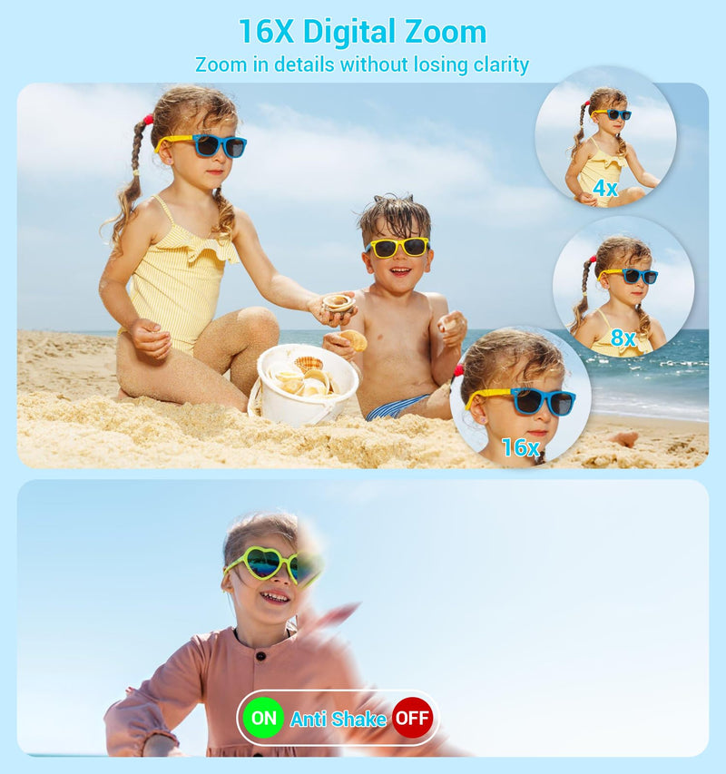 Digital Camera, FHD 4K 44MP Compact Cameras with 64GB SD Card 2 Batteries, 16X Autofocus Digital Zoom Point and Shoot Camera for Teens Kids Boys Girls