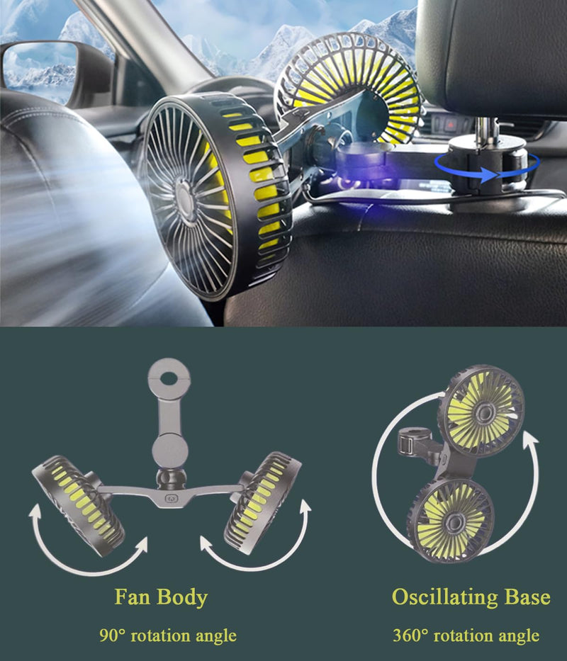 Car Fan, Dual Head USB Car Fans for backseat for kids, 3-Speed Air Speed and 360° Rotating Rear Seat Cooling Carseat Fan 5V Powerful Air Circulation Fan for Sedan SUV RV Truck