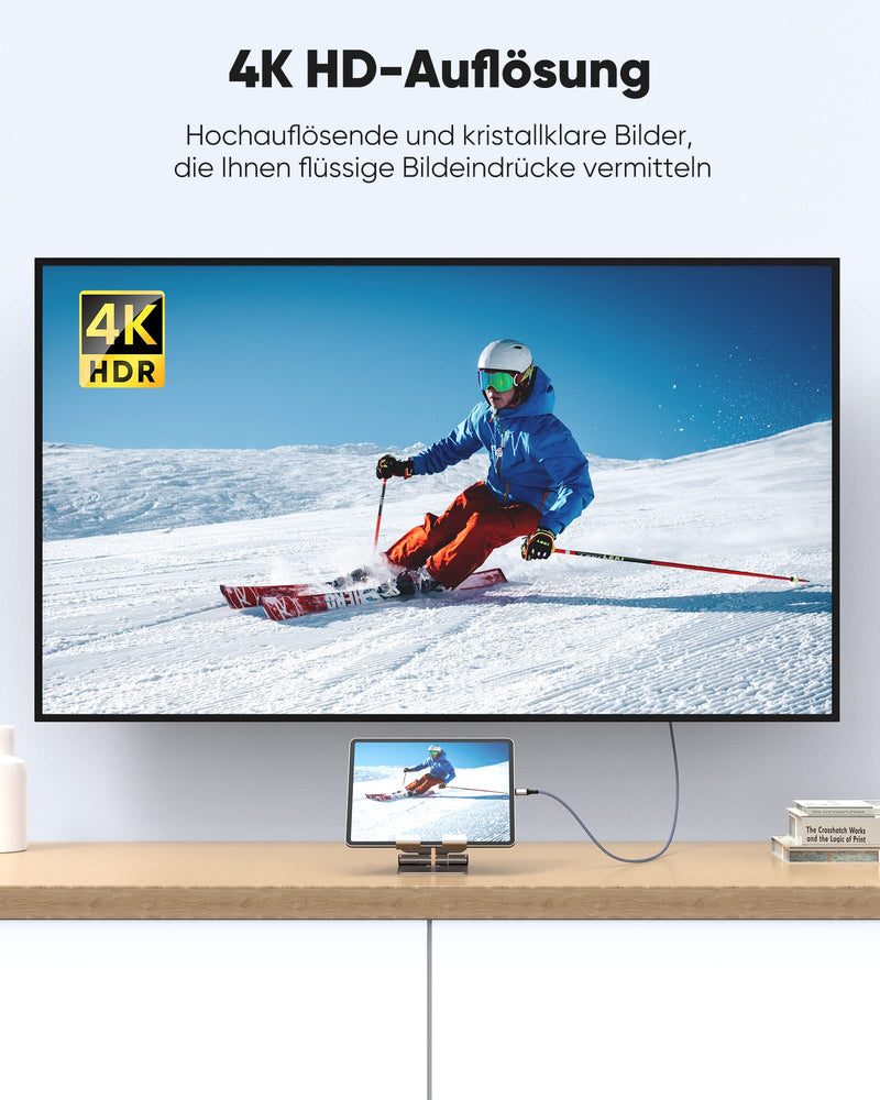 Highwings USB C to HDMI Cable 4K 1.8M, USB C HDMI Cable UHD Thunderbolt 3 Compatible for iPhone 15 Pro/Plus/Max, MacBook Pro/Air, iPad Pro/Air, Surface Book 2, Dell XPS, Galaxy S10/S9 etc. Gray