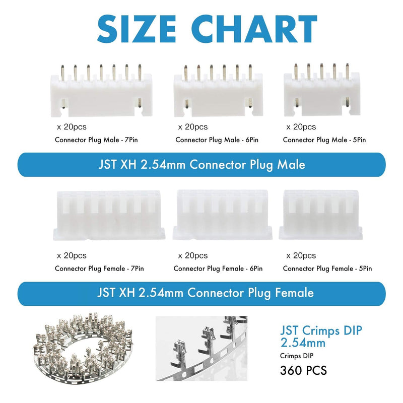 CQRobot JST XH 2.54mm Pitch 5 Pin / 6 Pin / 7 Pin JST Male Plug, Female Socket Housing and T-Crimp Terminal Kit 60 sets/480 pieces JST connector adapter cable assembly. JST-XH2.54 XH 5P/6P/7P