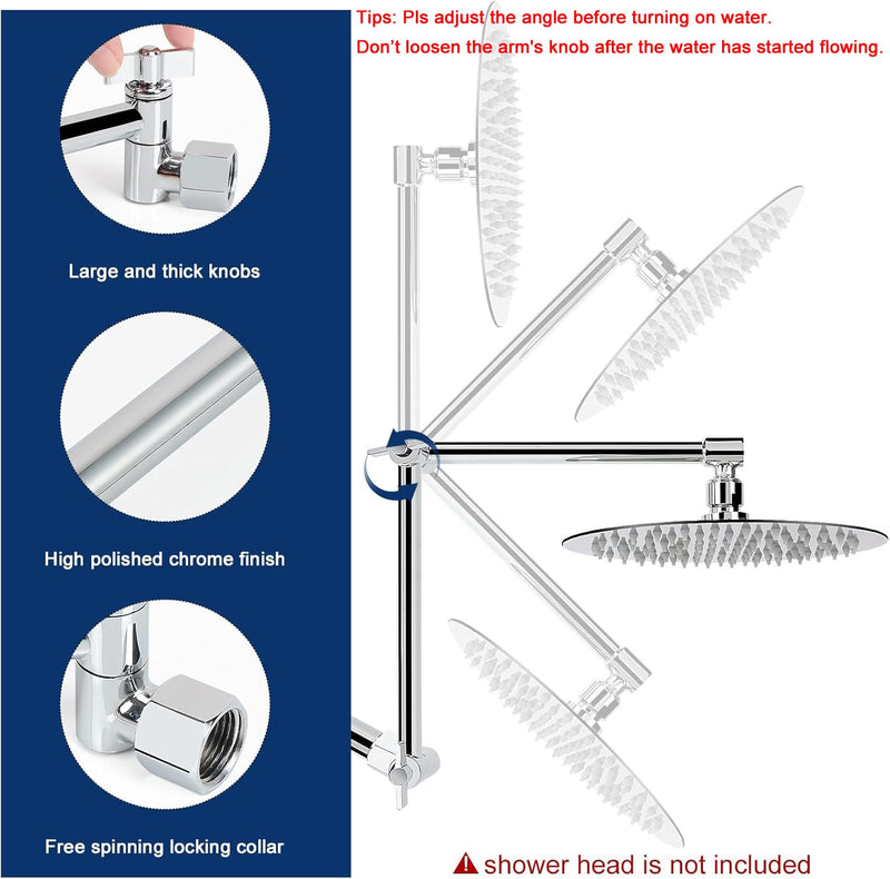 NearMoon Adjustable Shower Arm, Shower Extension Arm Universal Connection, Rise or Lower Shower Head, Adjust Height/Angle to Upgrade Shower Experience, Anti-Leak, 16 Inch (Chrome) Chrome