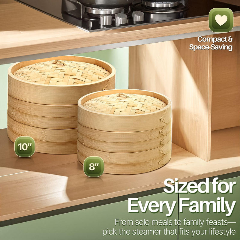 Flexzion Bamboo Steamer Basket Set (8 inch), 50 x Steamer Liners and 2 Pairs of Chopsticks, Steam Baskets for DimSum Dumplings, Rice, Vegetables, Fish and Meat 8 Inch