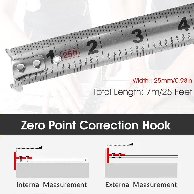 2 Pcs 25 Ft Tape Measure, Stainless Steel Double Sided Scale Retractable Measuring Tape, Anti Fall Wear Resistant Metric Ruler, Hollow Design, Self Lock Silver B