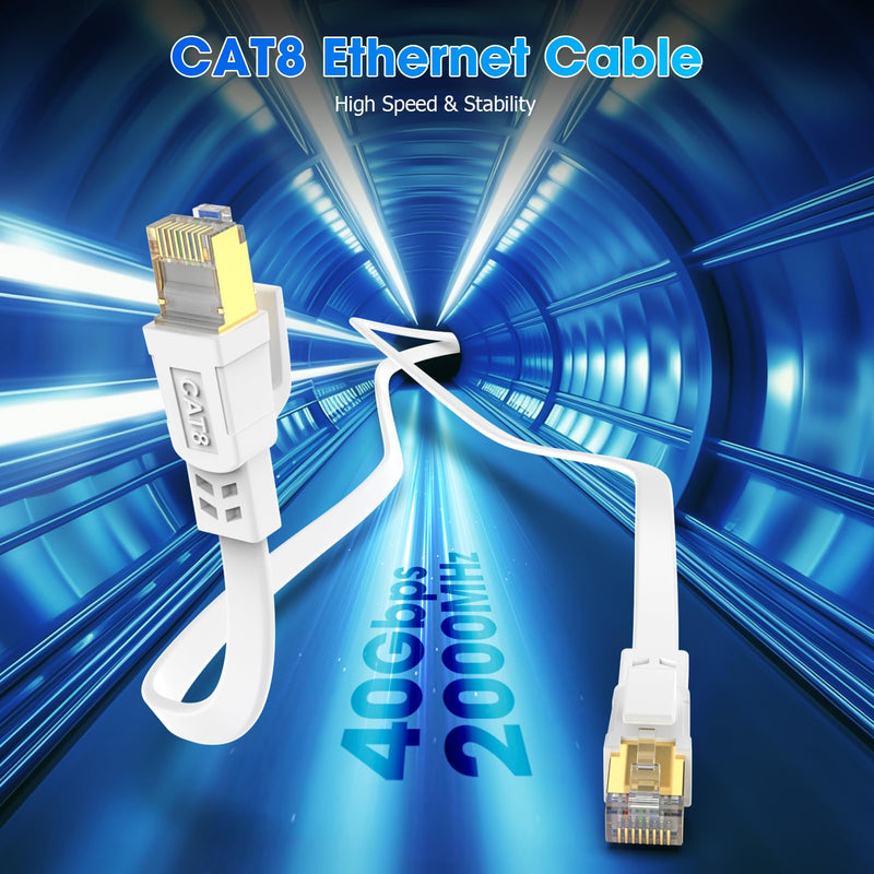 Cat 8 Ethernet Cable 100 ft, Heavy Duty High Speed Cat8 LAN Network Cable, 40Gbps 2000MHz RJ45 Flat Internet Computer Patch Cord, Weatherproof S/FTP UV Resistant for Gaming/Router/Modem,Outdoor&Indoor White 100ft