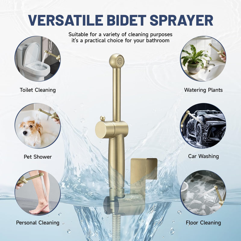 Handheld Bidet Sprayer for Toilet, Handheld Sprayer Attachment for Toilet with Adjustable Pressure Control Brushed Gold Bathroom Fixture Bidet Sprayer Sets, Brass Fixed Length