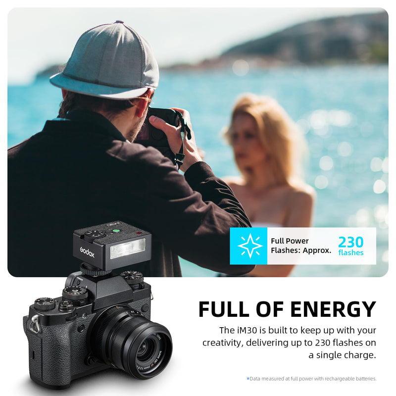 Godox IM30 Mini Flash (New Upgrade) for Canon/Nikon/Fuji/Sony, 230 Full-Power Hotshoe Single-Contact Flashes GN15 Mini Flash with 7 Power Levels Pocket Size Speedlite for Photography/Travel/Portrait
