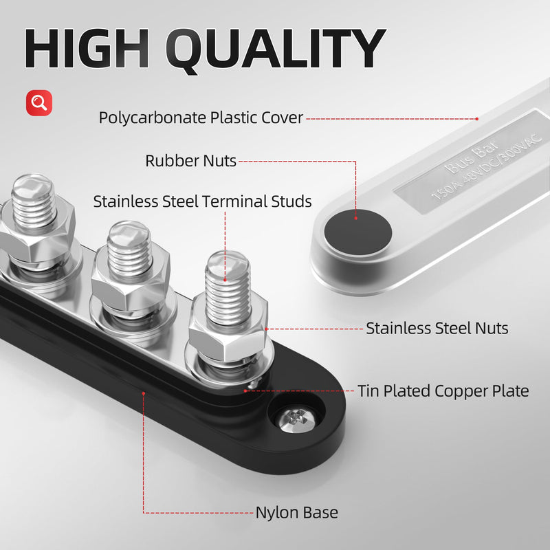 DAIERTEK Bus Bar 12V 150A Mini Power Distribution Block Max 48V DC/300V AC with Cover 4 x 5/16" Posts for Marine Automotive Solar Systems -Negative+Positive BB100-T4M8-C-RB