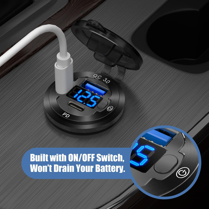 2 PACK 12V USB Car Socket Round USB C 12V Outlet, 3-Port Marine USB Fast Charger Waterproof Cigarette Outlet USB Replacement Aluminum with Switch & Voltmeter, Suitable for Boat Golf Cart RV Motorcycle