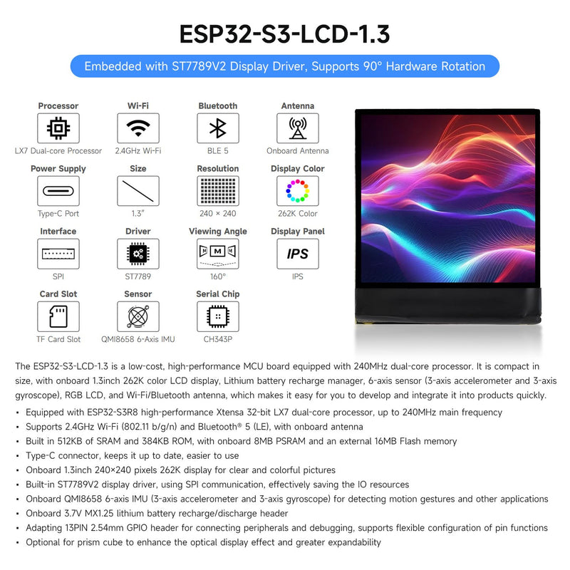 Waveshare ESP32-S3 1.3inch Display Development Board, 240x240 Pixels, ST7789V2 Driver, 6-axis IMU, 262K Colors, SPI Comm, 90° Hardware Rotation Support