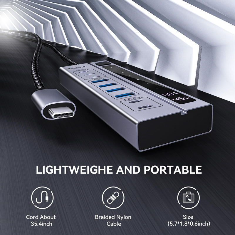 Minisopuru Powered USB C Hub – Support Max 45W Charging with 65W USB-C Power Adapter, 10Gbps, USBC Hub Charging for Meta Quest Pro, Steam, iPad Pro, iPhone, Watch (Not for Monitor) 9 in 1 PD