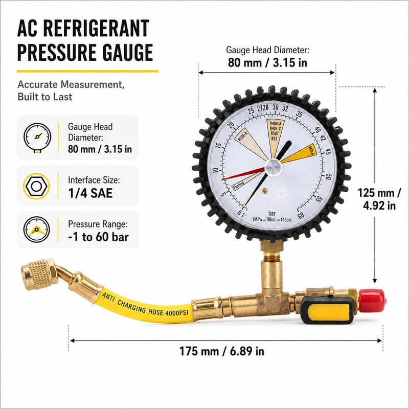 Pressure Gauge SAE 1/4, -1 to 60 Bar | For air conditioners R134a, R22, R407C, R410A, R404A, R507, R422D, R32