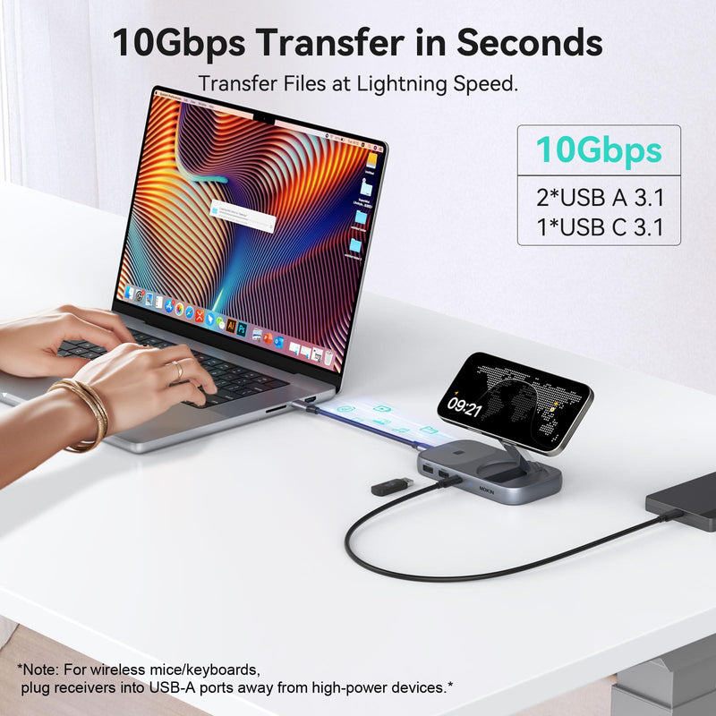MOKiN USB C Hub with 15W Qi2 Wireless Charger, Laptop Docking Station to 4K HDMI, 100W PD, 10Gbps Ports, 15W+5W Wireless Charging Stand for iPhone 16/15/14/13 & Airpods, USBC Dock for MacBook/Windows Gray
