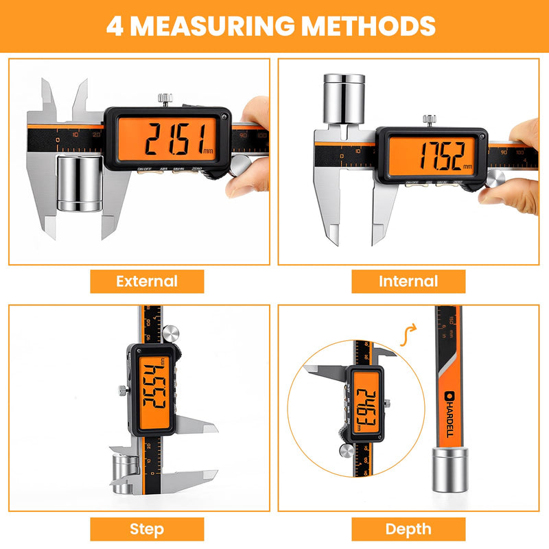 HARDELL Digital Caliper, Rechargeable Calipers with Large Orange Screen (No Backlight), Anti-Glare LCD & ABS Function, in/MM Caliper Measuring Tool, Stainless Steel Micrometer -Auto Off for Household Bright Orange