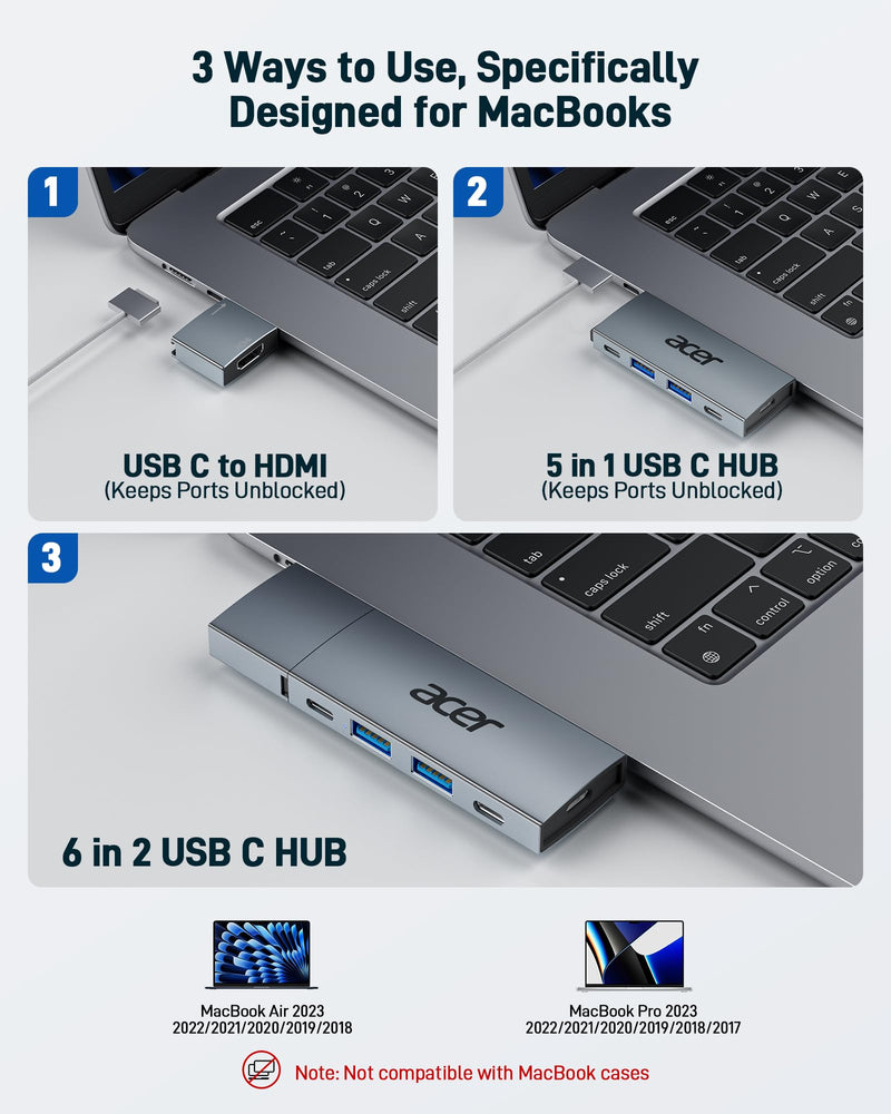 Acer USB C Hub for MacBook Pro/Air M1 M2 M3, 6 in 2 Detachable 4K@60Hz USB C to HDMI Adapter with 2 USBA & 2 USBC 3.0 Data Ports, 100W PD Charging, USBC to USB Dongle Adapter Grey