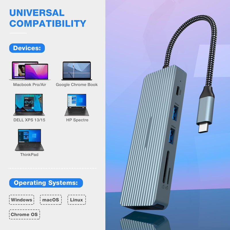 USB C Hub, 10 in 1 Dock with 4K HDMI, 2 x USB 3.0, USB-C 3.0 Data Transfer, 2 x USB 2.0, 100W Power Delivery, SD/TF Card Reader, 3.5mm Audio for Laptop, iPad