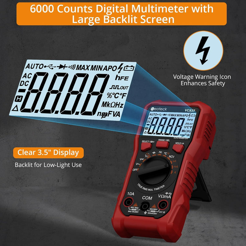 Neoteck 6000 Counts True RMS Digital Multimeter,Auto Range Multimeter with NCV,AC/DC Voltage Current Resistance Capacitance Frequency Temperature Duty Cycle Voltmeter for Home Automotive Electrician Red 6000Counts(AC/DC 600V)