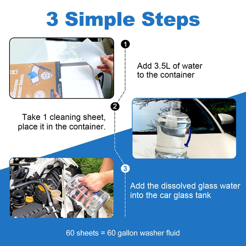 Eco Windshield Washer Fluid, 60 Sheets Makes 60 Gallons, Effectively Remove Mud, Oil, Bird Droppings, Insect Carcasses, Tree Gum, etc. No Plastic Biodegradable Car Window & Glass Cleaner