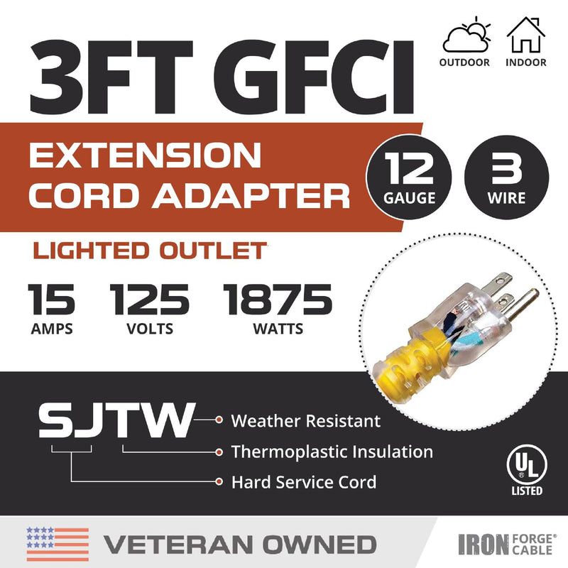 IRON FORGE CABLE 3 Foot Lighted Outdoor GFCI Extension Cord - 12/3 SJTW Heavy Duty Yellow Pigtail Extension Cable with 3 Prong Grounded Plug for Safety, 15 AMP 1 Outlet-Inline