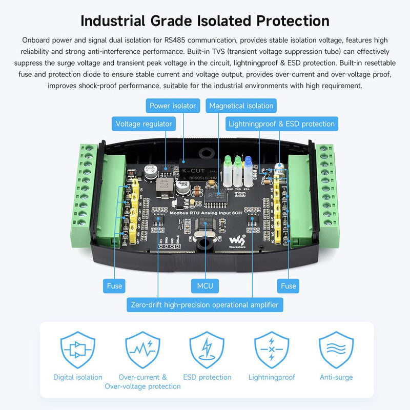 Waveshare Industrial 8-Ch Analog Acquisition Module, 12-Bit High-Precision, Supports Voltage and Current Acquisition, DC 7~36V Wide Voltage Power Supply, 8-ch Voltage Mode, 0~10V