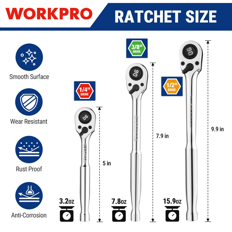 WORKPRO 3-Piece Low-Profile Drive Ratchet, 1/4", 3/8", 1/2" 90-Tooth Quick-Release Ratchet Wrench, Reversible, 4° Swing, CR-MO Compact Drive Head, Full Polished, Gifts for Men 3-Piece(1/4", 3/8", 1/2")