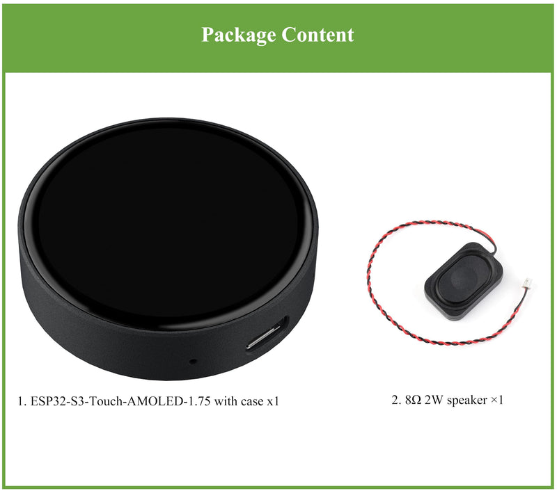 ESP32-S3 1.75inch AMOLED Round Touch Display Development Board, 466×466 Pixels, QSPI Interface, Onboard Dual Digital Microphone Array, Supports AI Speech Interaction, with Speaker and Case
