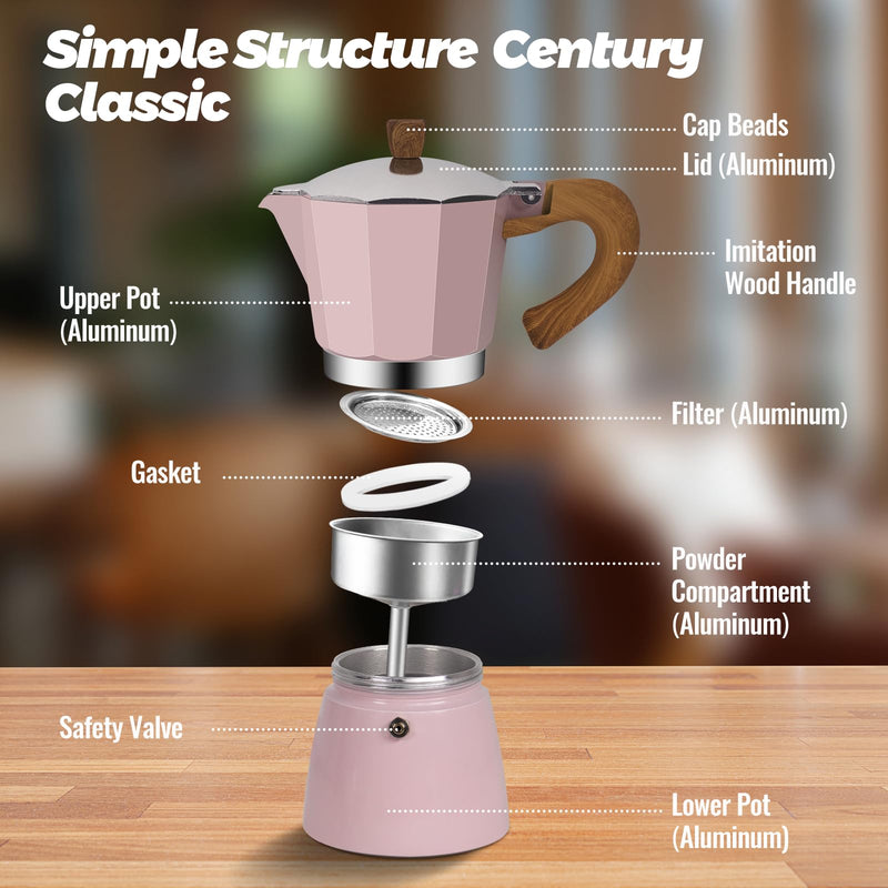 6 Cup Aluminum Moka Pot Classic Stovetop Espresso Coffee Maker 300ml 10oz Coffeemaker Percolator Mocha Pot Greca Coffee Maker Cafe Makers for Italian and Cuban Café Brewing Pink 6 Cup