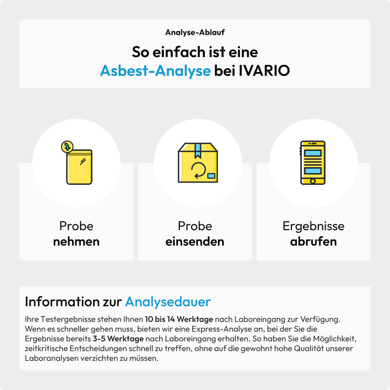 Ivario Asbestos Test Material Group 1, Laboratory Analysis | Eternit, Lenolium, window putty, cement, PVC, seals, Baufatherm, bitumen adhesive, cushion vinyl