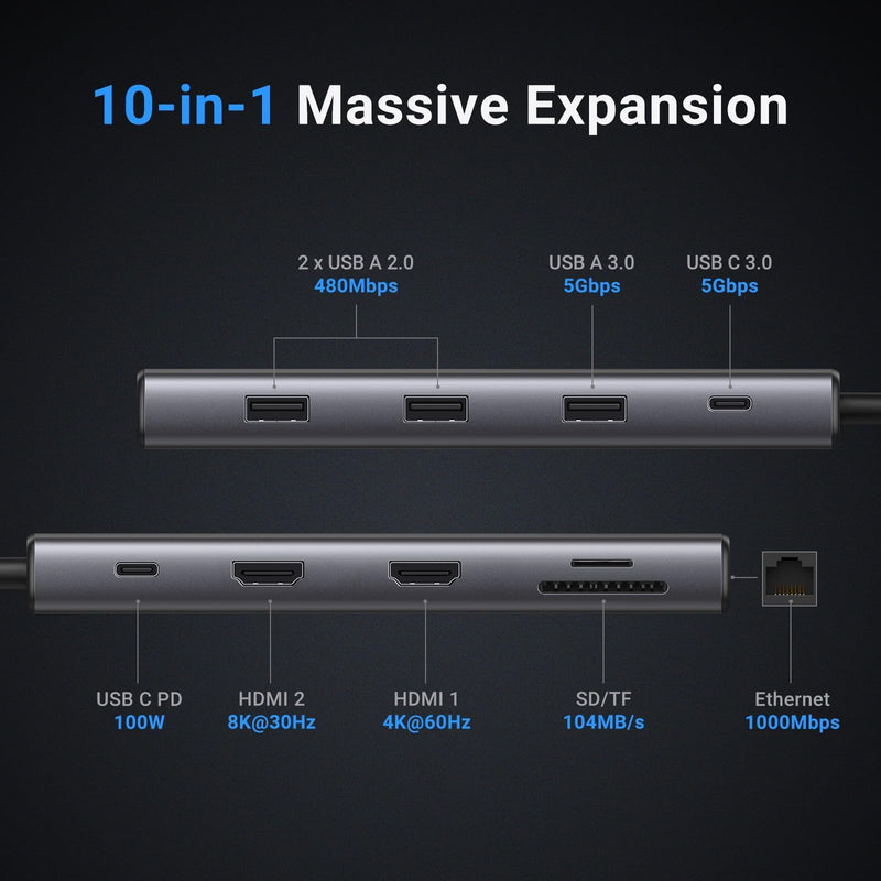 UGREEN Revodok Pro 210 Docking Station 10 in 1 USB C Dock Dual HDMI 4K@60Hz Single 8K@30Hz 100W PD 5Gbps USB C and USB A Data Ports Gigabit Ethernet, SD/TF Card Reader USB Hub Compatible for HP, Dell