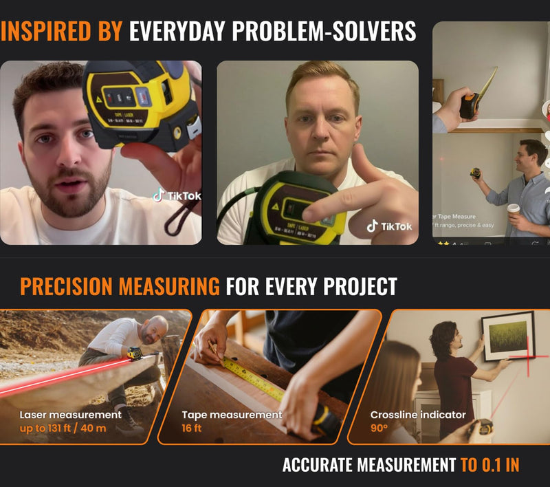 3 in 1 Digital Laser Tape Measure | Laser Level Crosshairs | 130ft/40m Laser Distance + 16ft/5m AutoLock Tape | Backlit LCD Display (Ft/Inch/M/mm & Fractions) Yellow/131FT/40meter