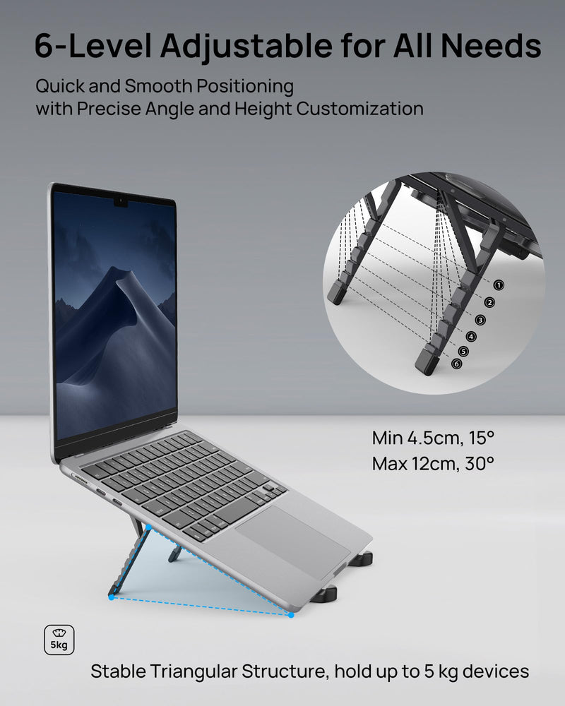 SODI Ultra Compact Foldable Laptop Stand - Portable Laptop Holder for Desk & Travel Use, Ergonomic Aluminum Computer Holder with Adjustable Height for MacBook, Tablet 10-16" (Dark Black, Bi-Fold) Dark Black