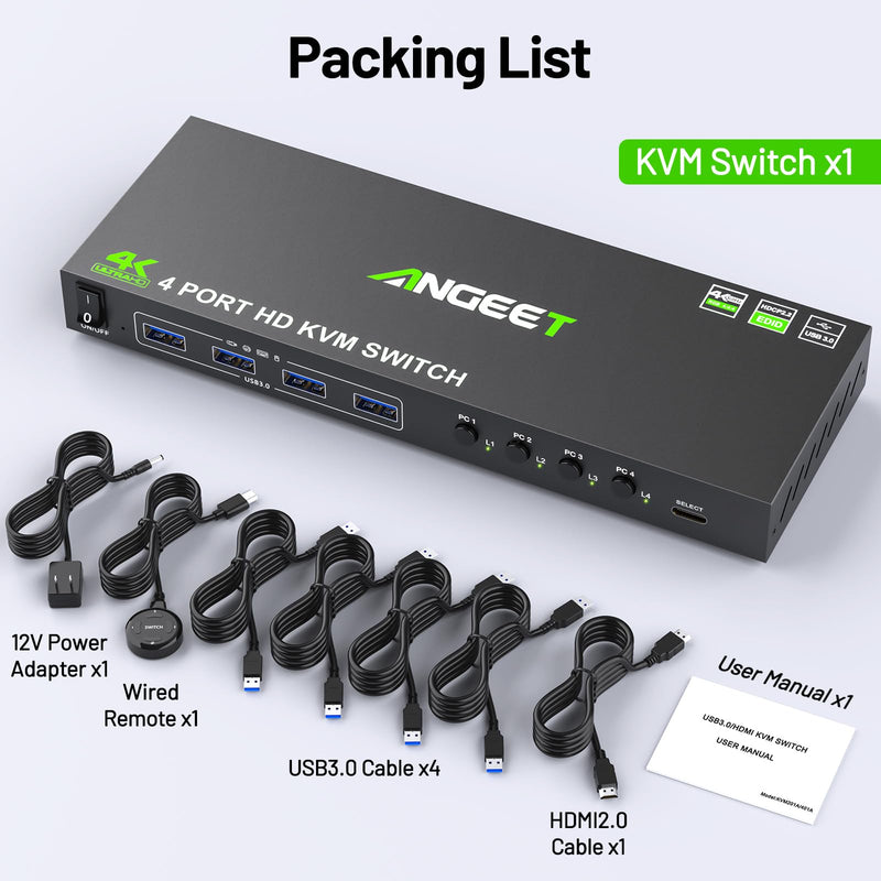 4 Port HDMI KVM Switch 4K@60Hz, Simulation EDID, ANGEET USB3.0 KVM Switches for 4 Computers Share 1 Monitor and Keyboard Mouse Printer, with Wired Remote,12V Power Adapter and 5 Cables KVM 1 Monitor 4 PC